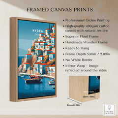 Hydra Greece Wall Art Print | Historic Port & Harbor Travel Poster featured in a framed canvas print with a wooden frame.