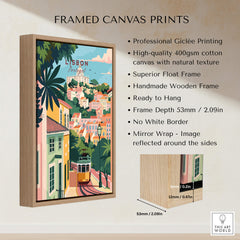Lisbon Portugal Tram and Castle View Art Print | Pastel Cityscape Poster displayed in a wooden frame with details.