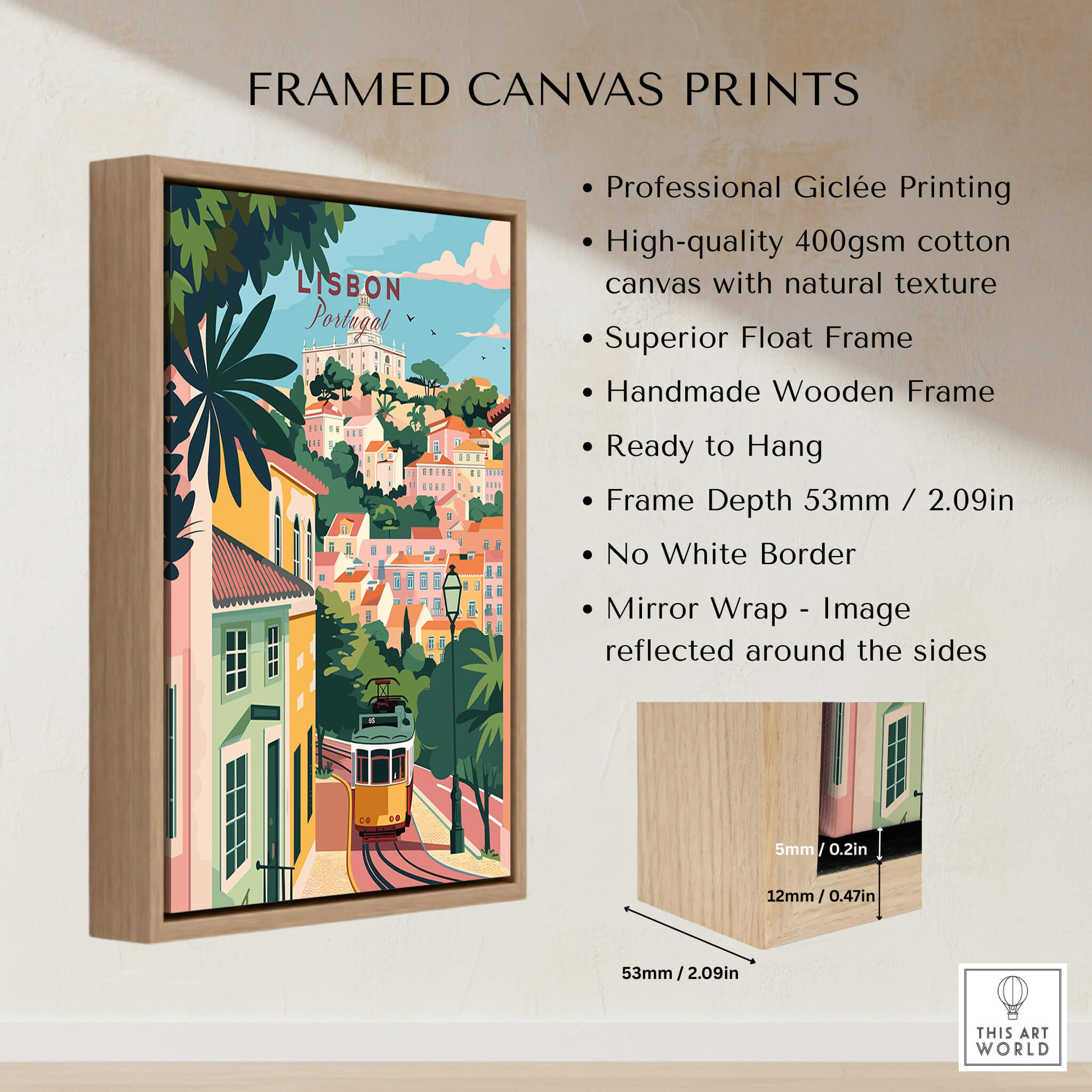 Lisbon Portugal Tram and Castle View Art Print | Pastel Cityscape Poster displayed in a wooden frame with details.