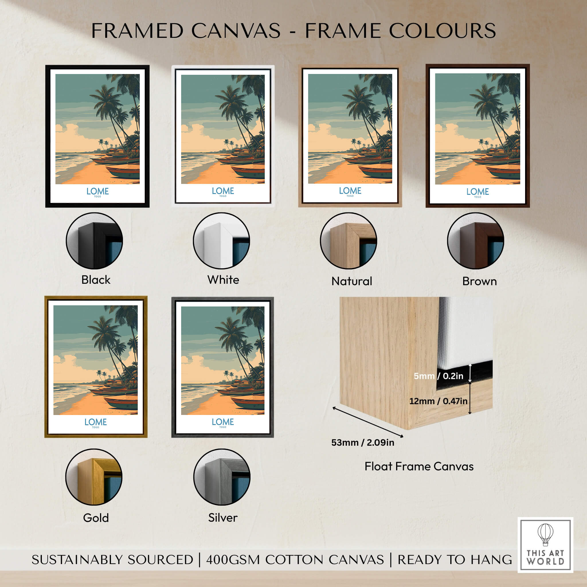 Lomé Togo Canvas Print | Palm Trees & Ocean View Poster framed colour options in Black, White, Natural, Brown, Gold, and Silver.
