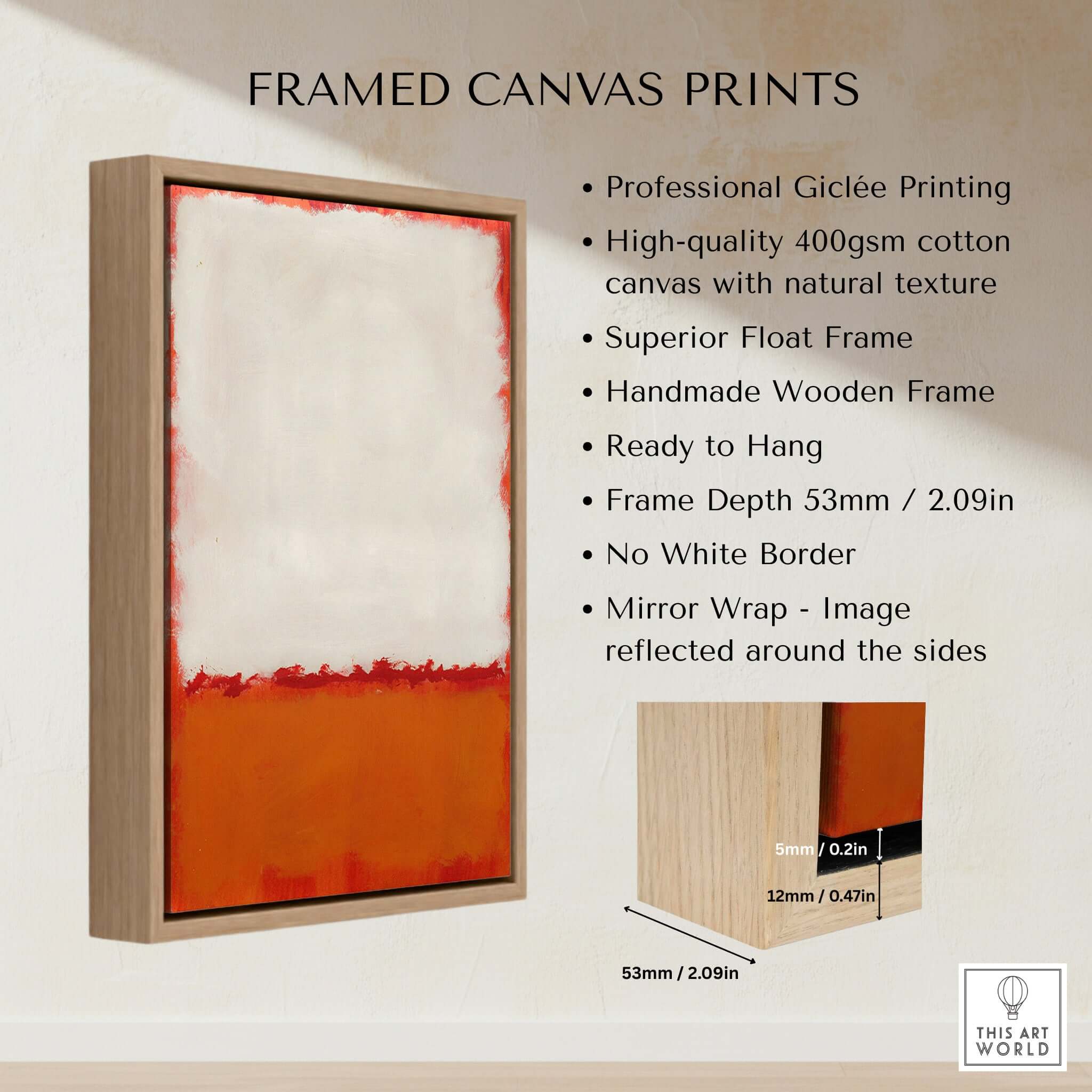 Mark Rothko Untitled 1969 Abstract Canvas Print - White Orange Color Field framed canvas print features giclée printing.