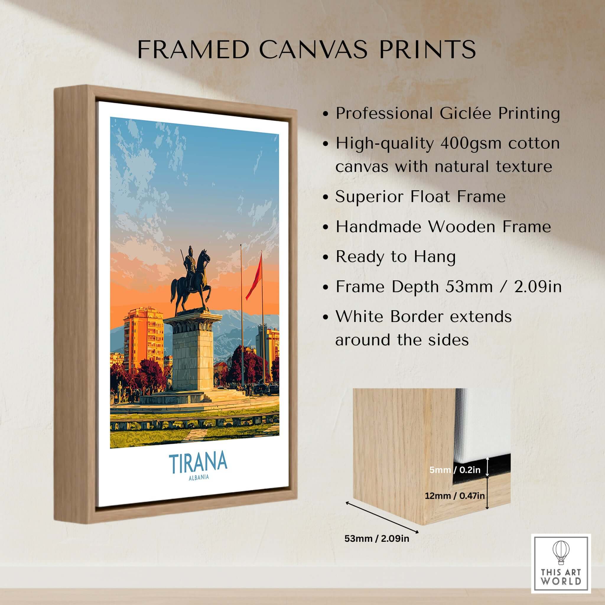 Tirana Albania Skanderbeg Square Art Print | Canvas Poster framed canvas print with natural texture and wooden frame.
