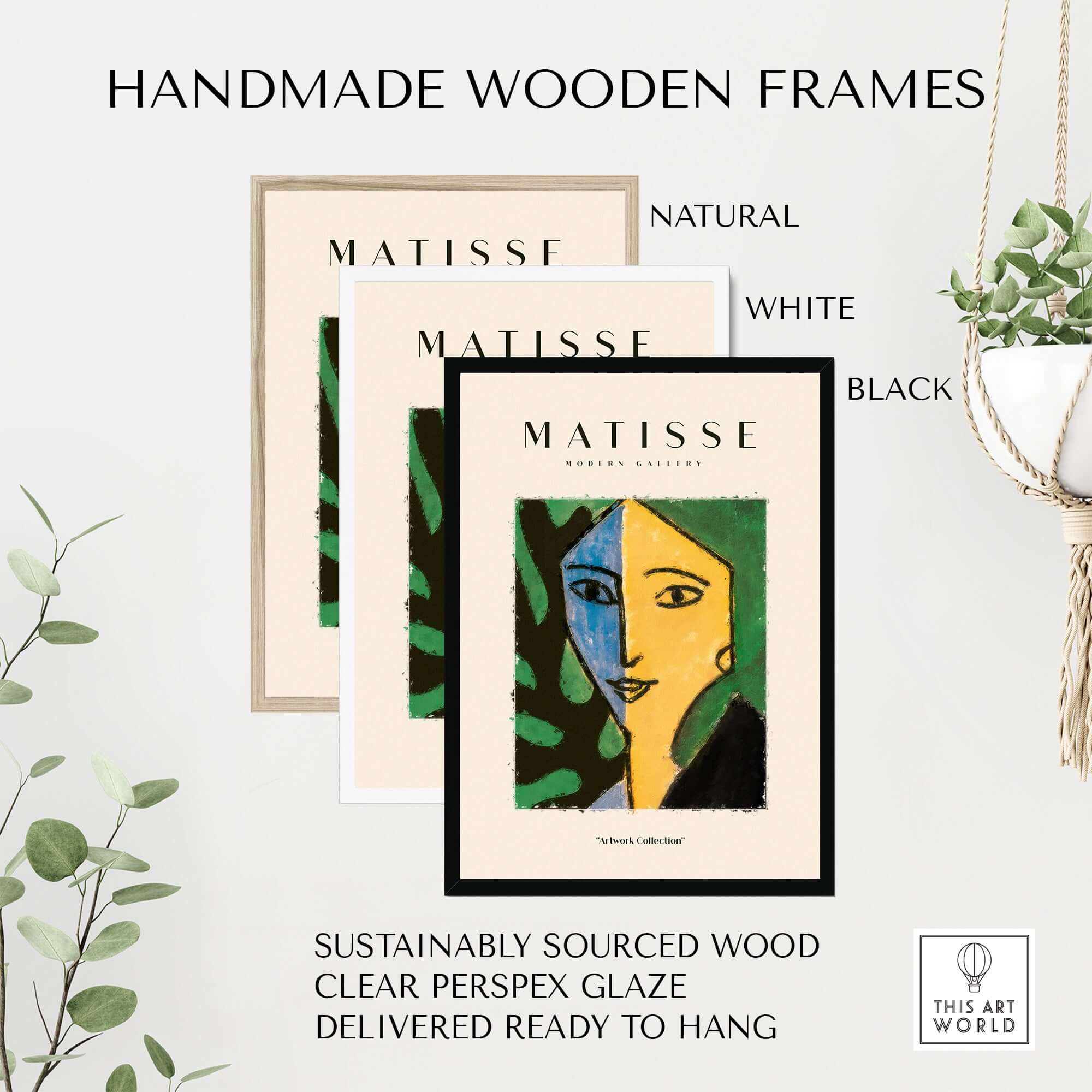 Handmade wooden frames for Matisse Art Prints - Split Face Blue Yellow Portrait Poster in natural, white, and black finishes.