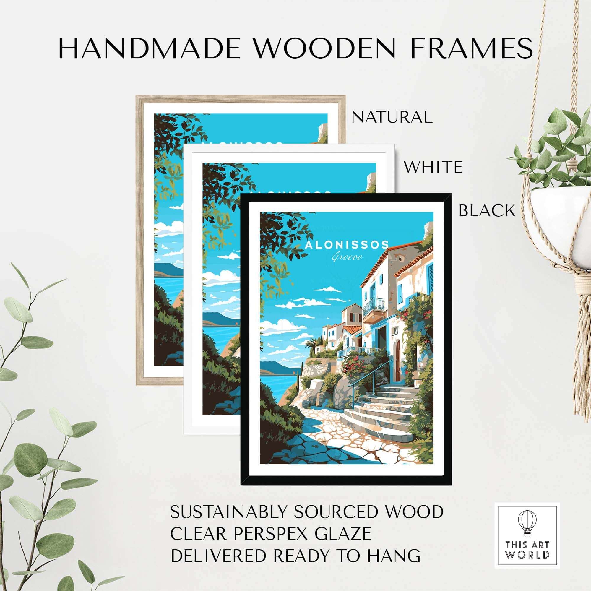 Handmade wooden frames in natural, white, and black for Alonissos Greece travel poster print.