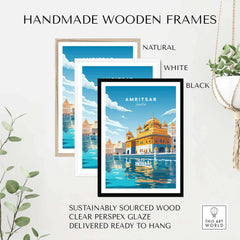 Handmade wooden frames in natural, white, and black with Amritsar travel poster print, ready to hang.