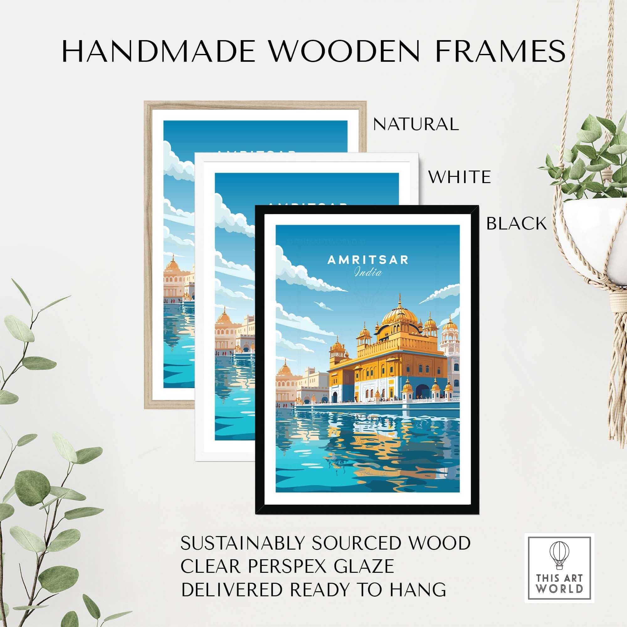 Handmade wooden frames in natural, white, and black with Amritsar travel poster print, ready to hang.