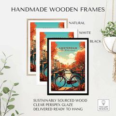 Handmade wooden frames in natural, white, and black for Amsterdam print art, showcasing sustainable materials and ready to hang.