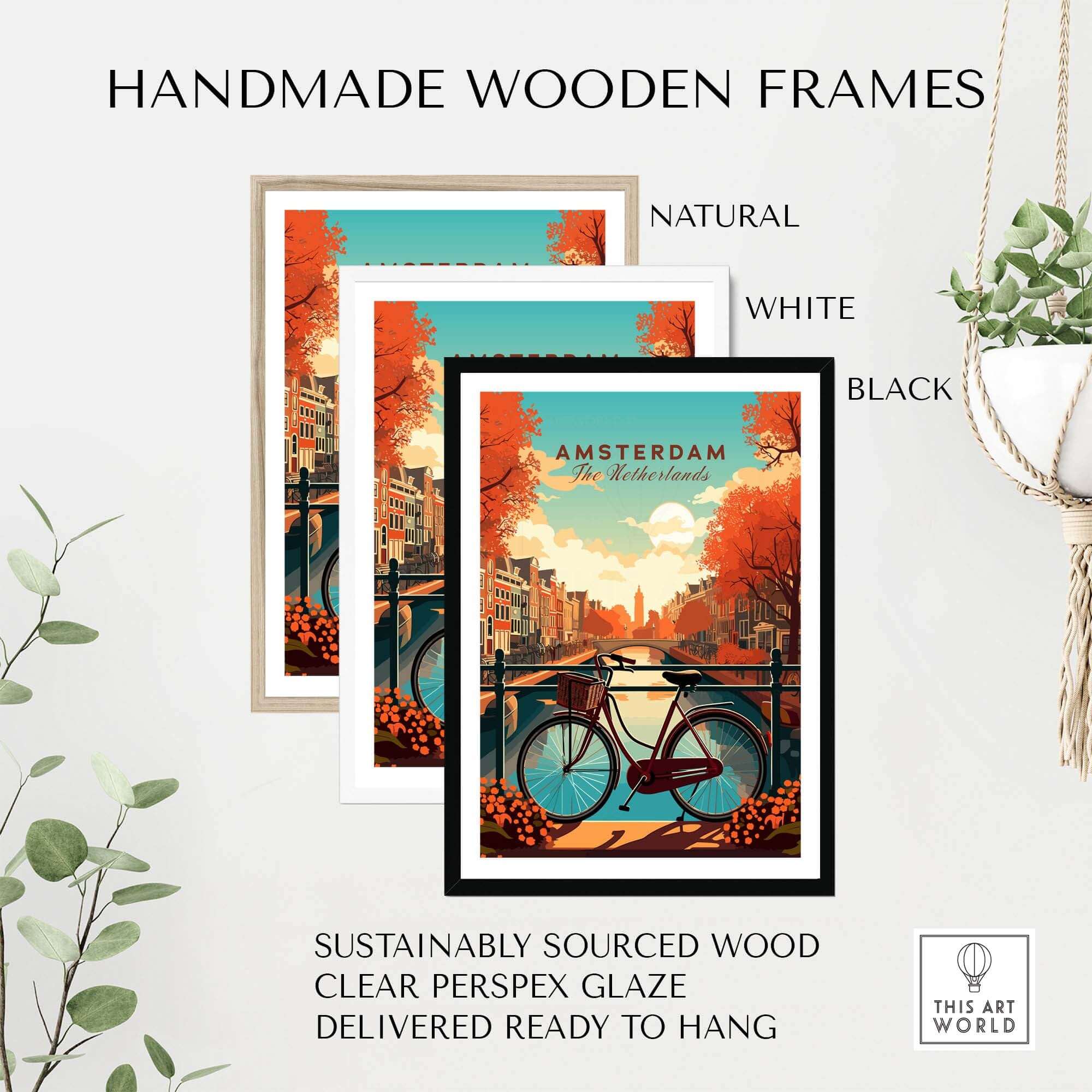 Handmade wooden frames in natural, white, and black for Amsterdam print art, showcasing sustainable materials and ready to hang.