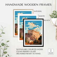 Handmade wooden frames in natural, white, and black, featuring Athens Greece travel poster print. Sustainable art decor.