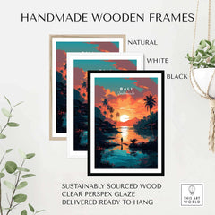 Handmade wooden frames in natural, white, and black colors showcasing a vibrant Bali art print.