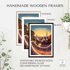 Handmade wooden frames in natural, white, and black featuring a vibrant Barcelona travel poster print.