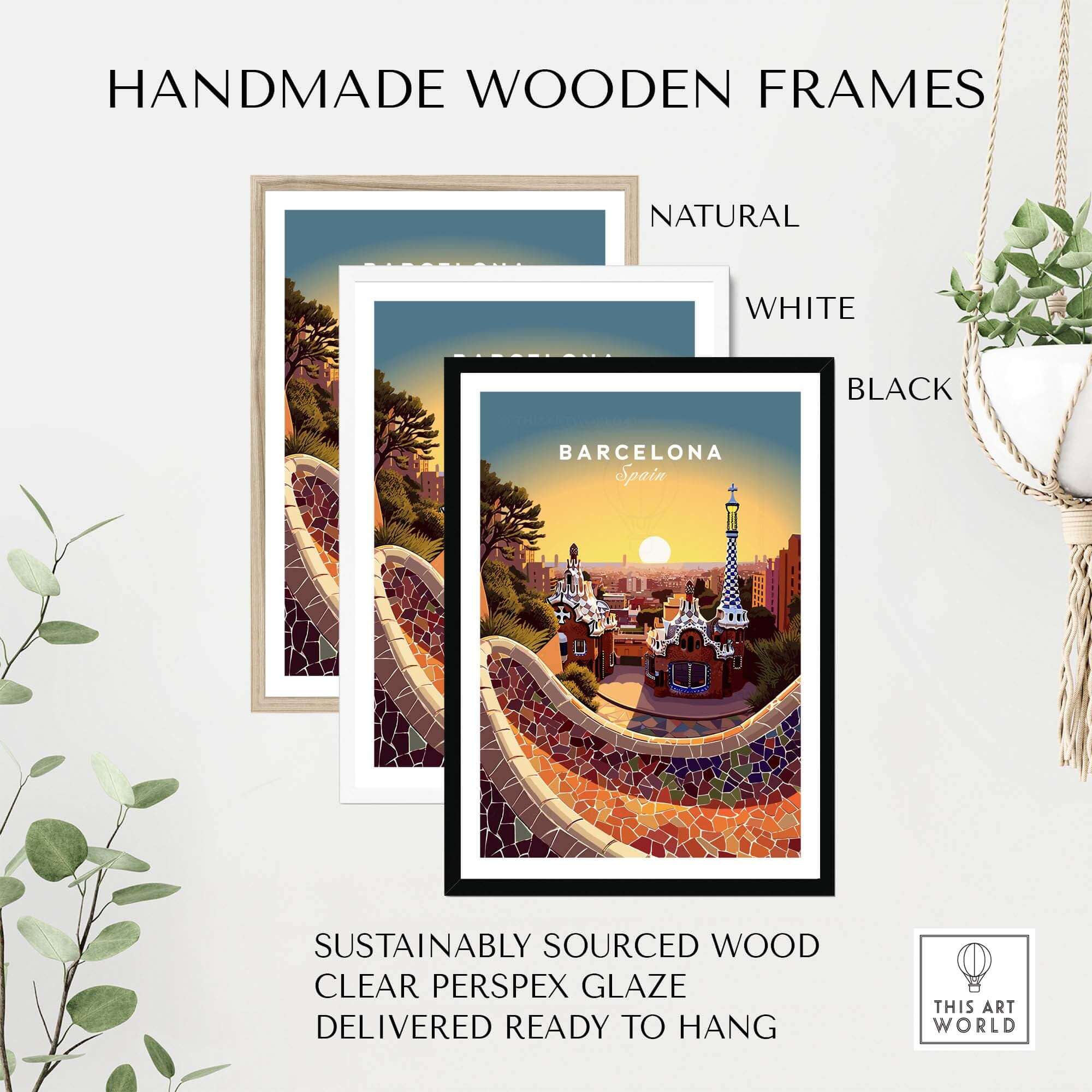 Handmade wooden frames in natural, white, and black featuring a vibrant Barcelona travel poster print.