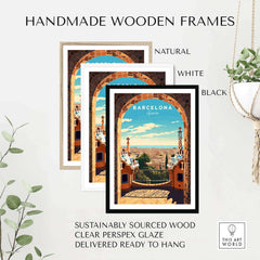 Handmade wooden frames in natural, white, and black for Barcelona Park Güell poster, sustainably sourced and ready to hang.