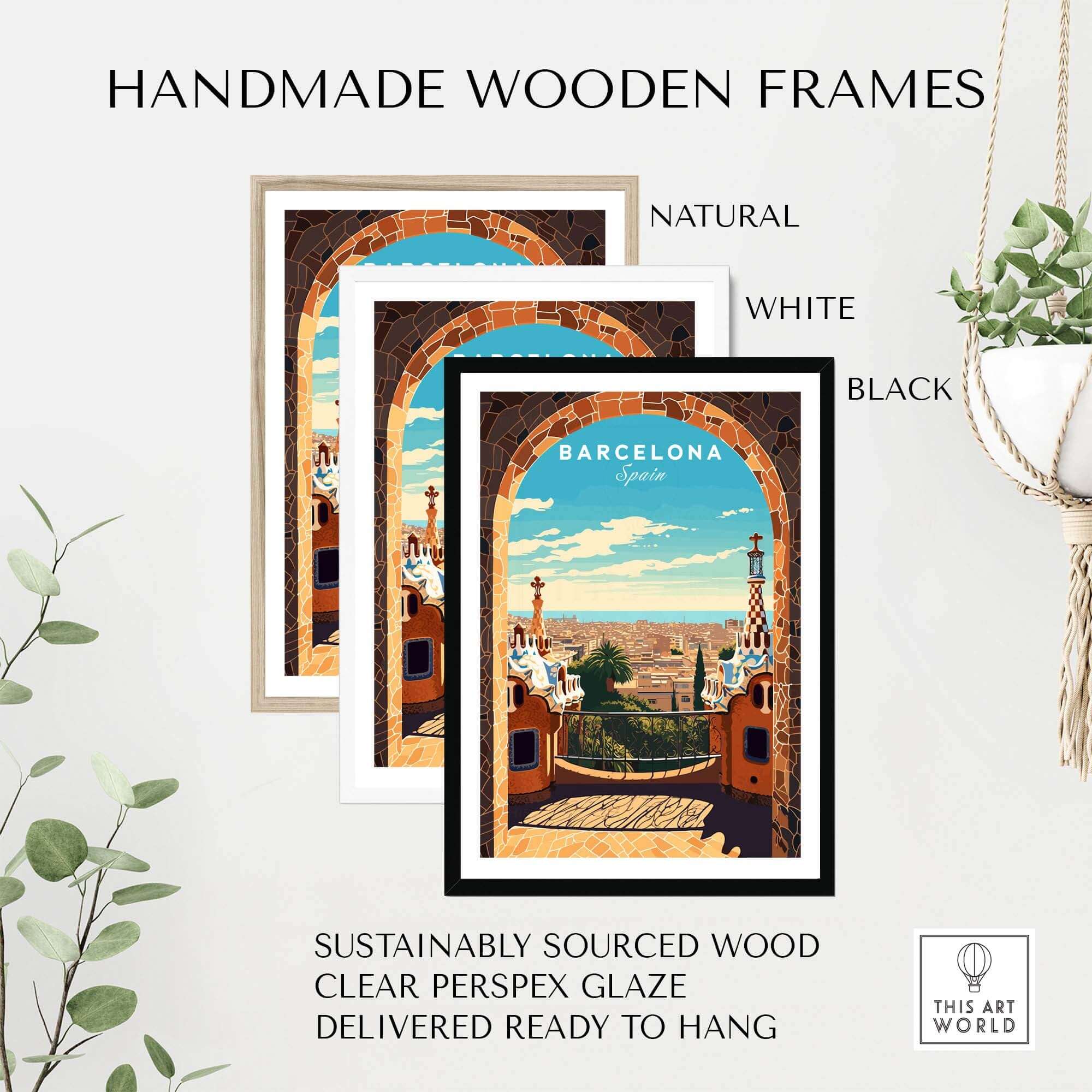 Handmade wooden frames in natural, white, and black for Barcelona Park Güell poster, sustainably sourced and ready to hang.