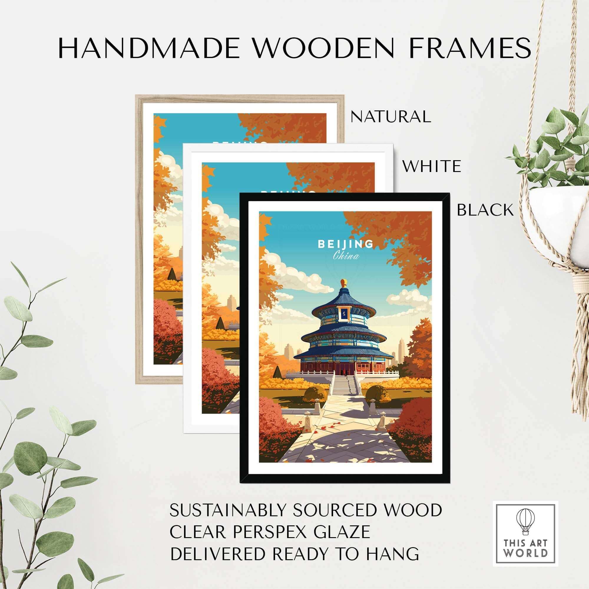 Handmade wooden frames in natural, white, and black for Beijing Print, featuring sustainable wood and clear perspex glaze.