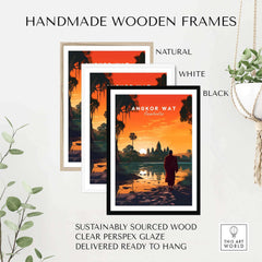 Handmade wooden frames in natural, white, and black for Angkor Wat wall art, sustainably sourced and ready to hang.