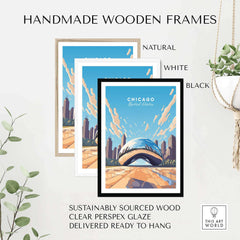 Handmade wooden frames in natural, white, and black for Chicago wall art, featuring clear perspex glaze and ready to hang.