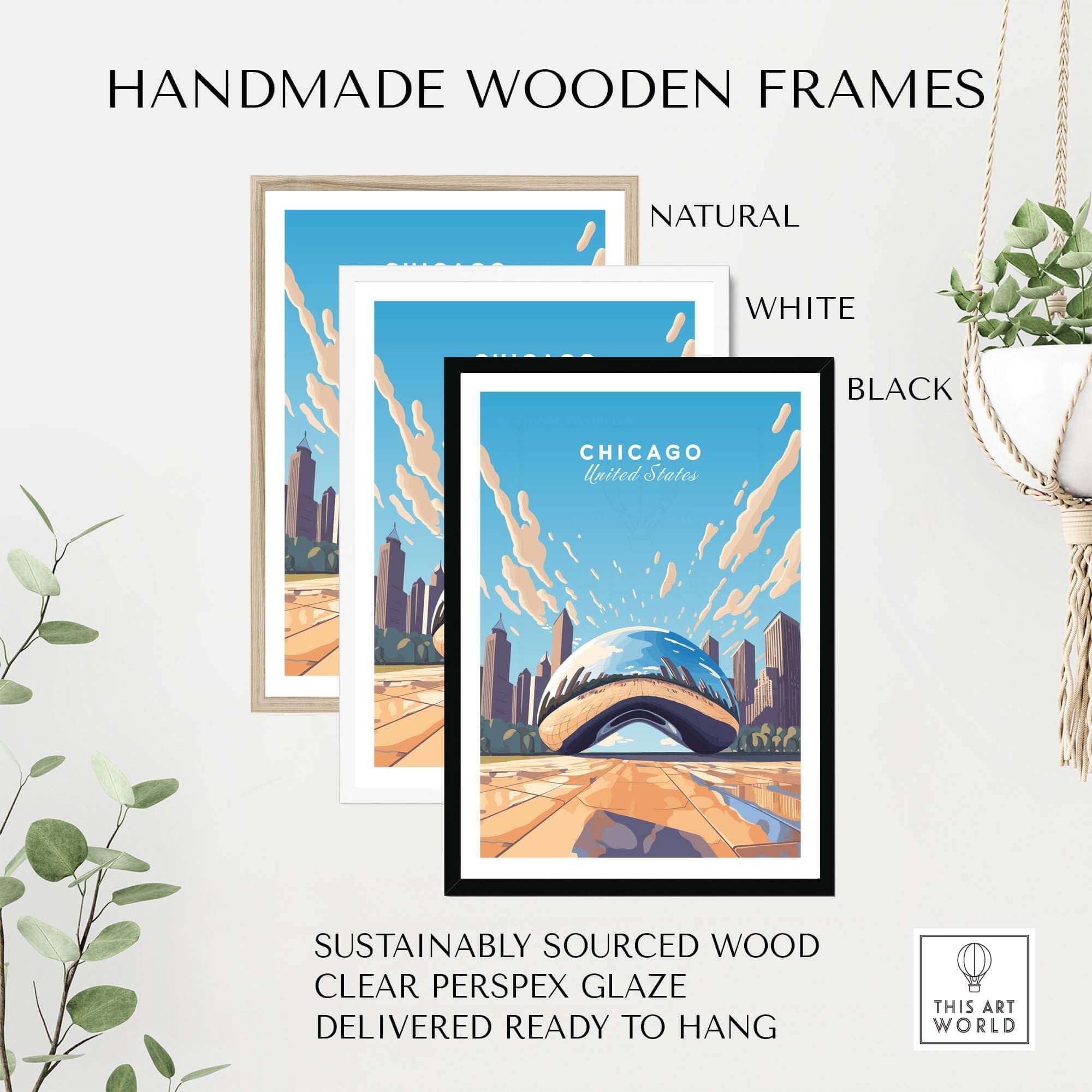 Handmade wooden frames in natural, white, and black for Chicago wall art, featuring clear perspex glaze and ready to hang.