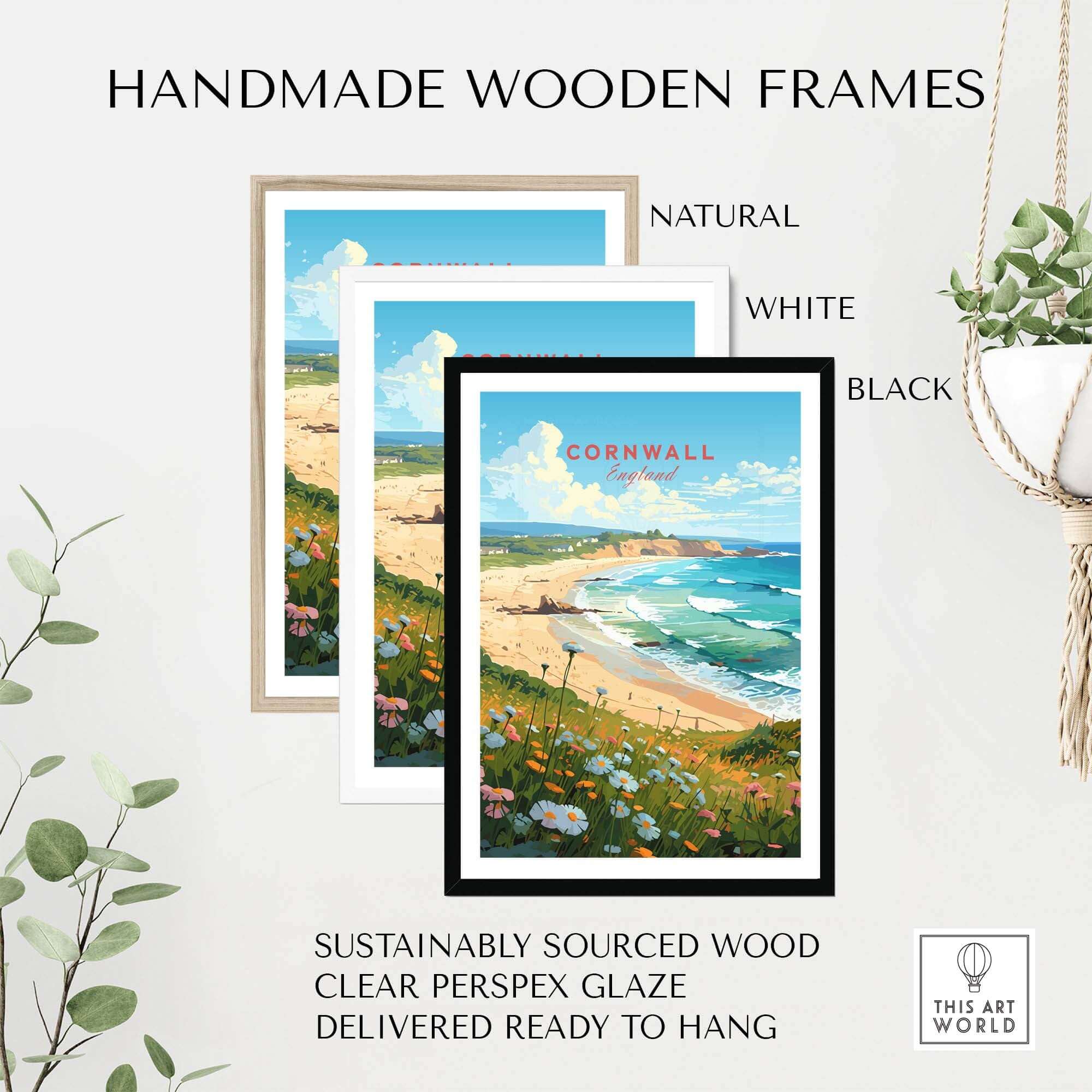 Handmade wooden frames for Cornwall art print, available in natural, white, and black finishes, ready to hang.