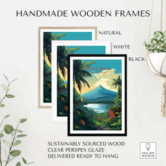 Handmade wooden frames for Costa Rica Print in natural, white, and black colors, showcasing sustainable materials and ready-to-hang design.