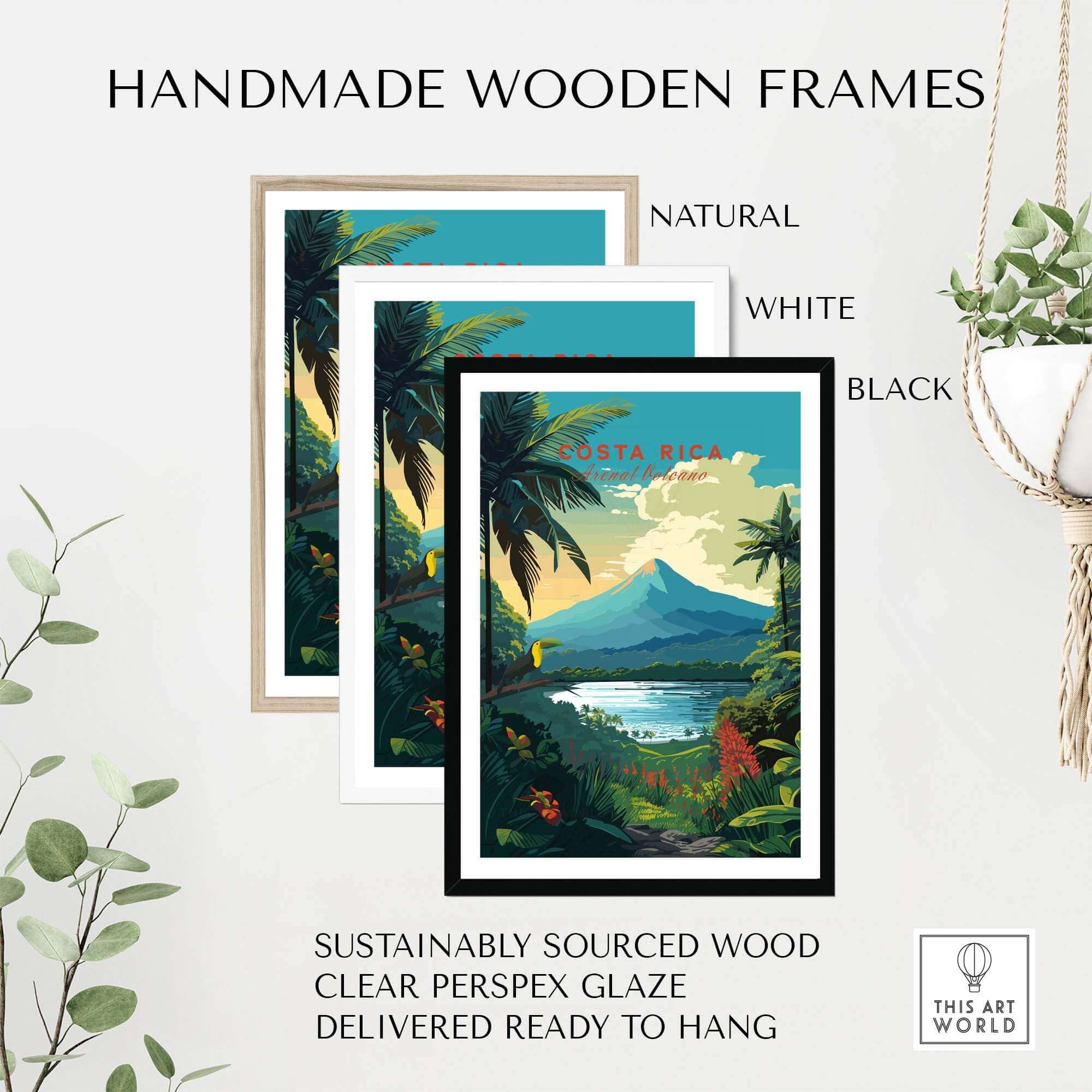 Handmade wooden frames for Costa Rica Print in natural, white, and black colors, showcasing sustainable materials and ready-to-hang design.