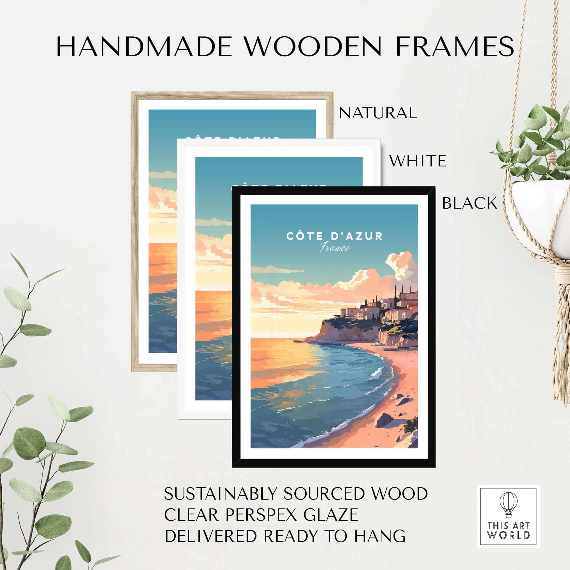 Côte d'Azur travel poster with handmade wooden frames in natural, white, and black finishes, showcasing vibrant French coast design.
