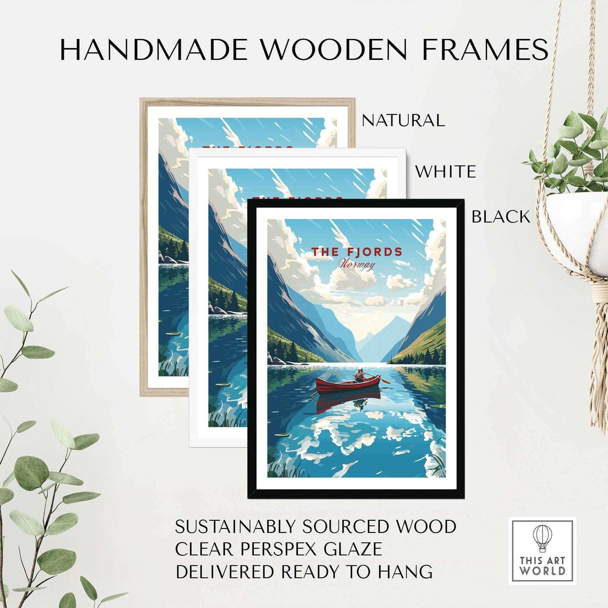 Handmade wooden frames featuring Norway Fjords art prints in natural, white, and black colors, ready to hang.