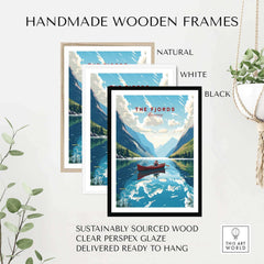 Handmade wooden frames featuring Norway Fjords art prints in natural, white, and black colors, ready to hang.
