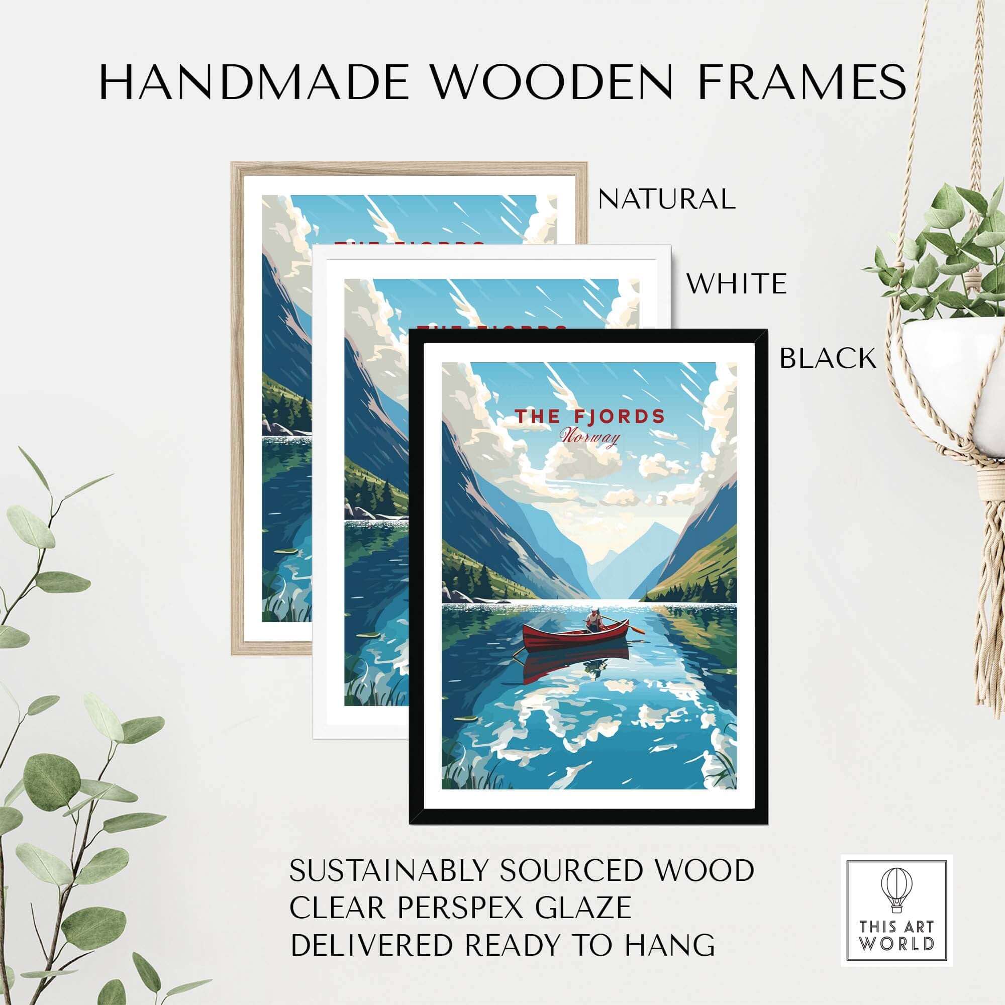 Handmade wooden frames featuring Norway Fjords art prints in natural, white, and black colors, ready to hang.