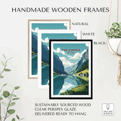 Handmade wooden frames in natural, white, and black for Norway Fjords travel poster, crafted from sustainably sourced wood.