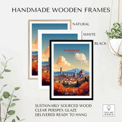 Handmade wooden frames in natural, white, and black styles showcasing Florence Italy art print, with clear perspex glaze.