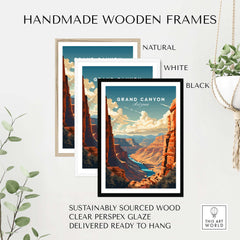 Handmade wooden frames showcasing Grand Canyon poster in natural, white, and black finishes, ready to hang.