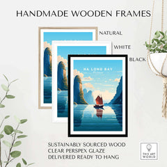 Handmade wooden frames in natural, white, and black for Ha Long Bay poster, ready to hang and eco-friendly.