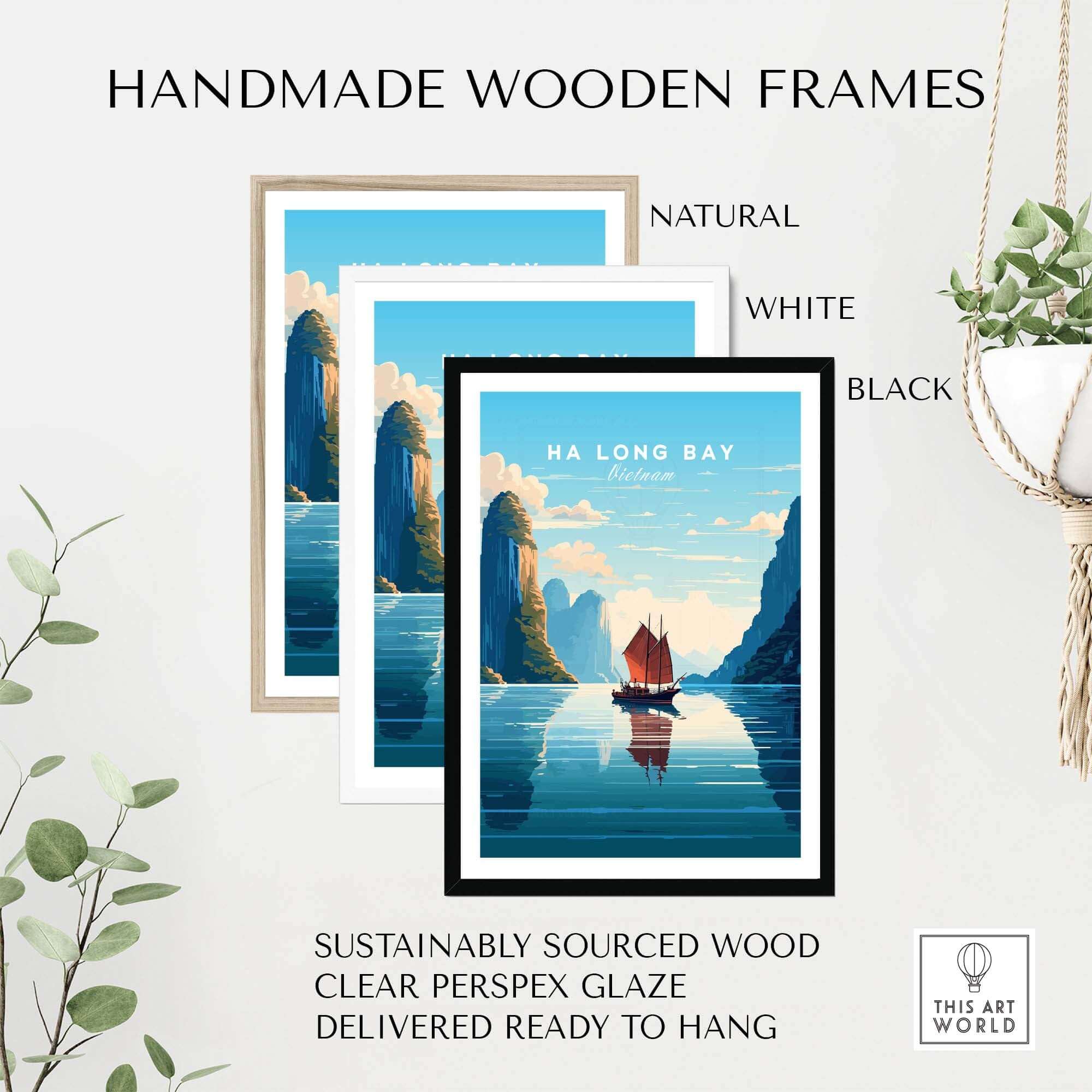 Handmade wooden frames in natural, white, and black for Ha Long Bay poster, ready to hang and eco-friendly.