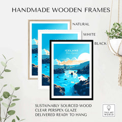 Handmade wooden frames in natural, white, and black for Iceland Blue Lagoon poster, sustainably sourced and ready to hang.