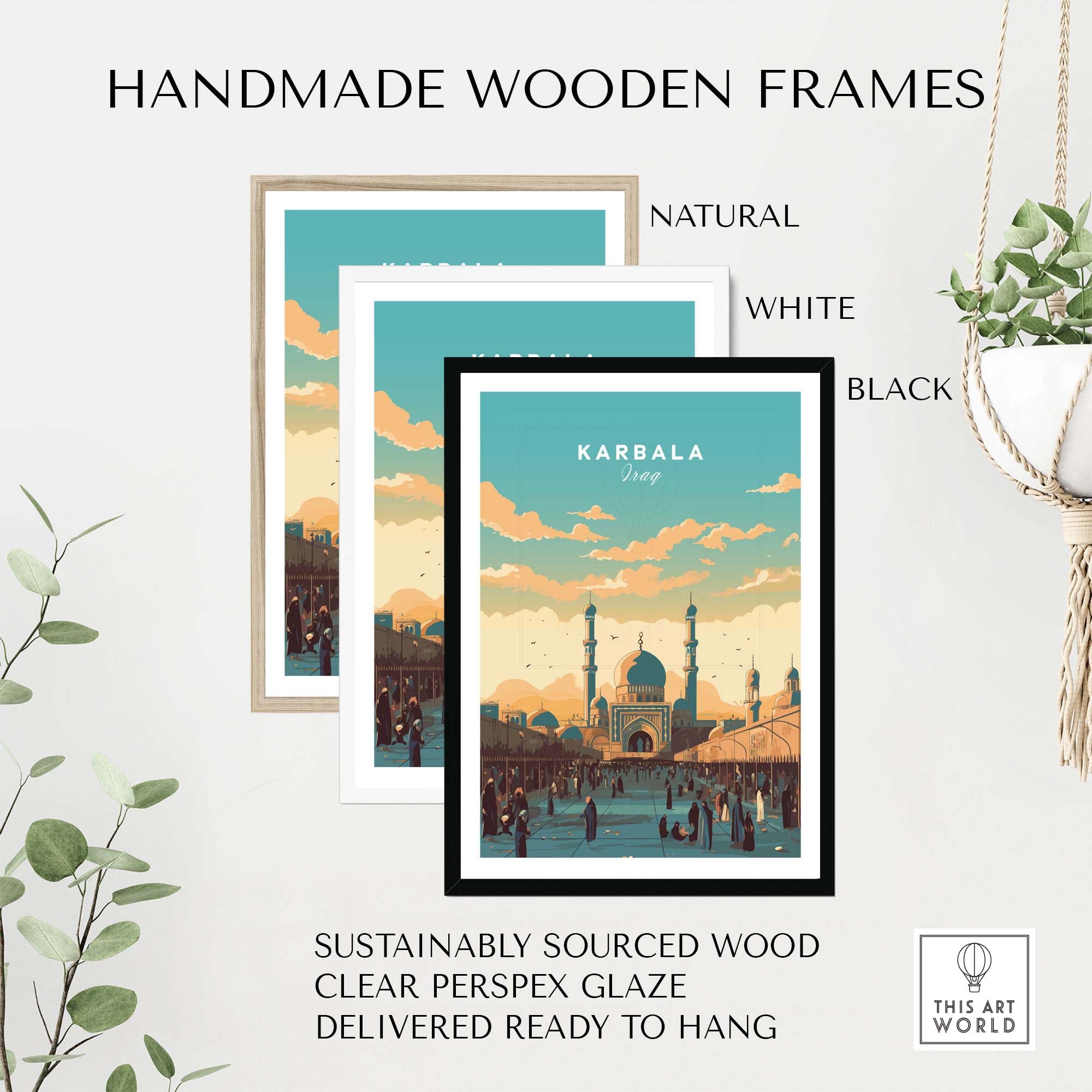 Handmade wooden frames in natural, white, and black for Karbala travel poster art print, ready to hang.