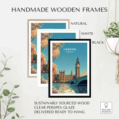 Handmade wooden frames in natural, white, and black for London Wall Art Print, made from sustainably sourced wood.