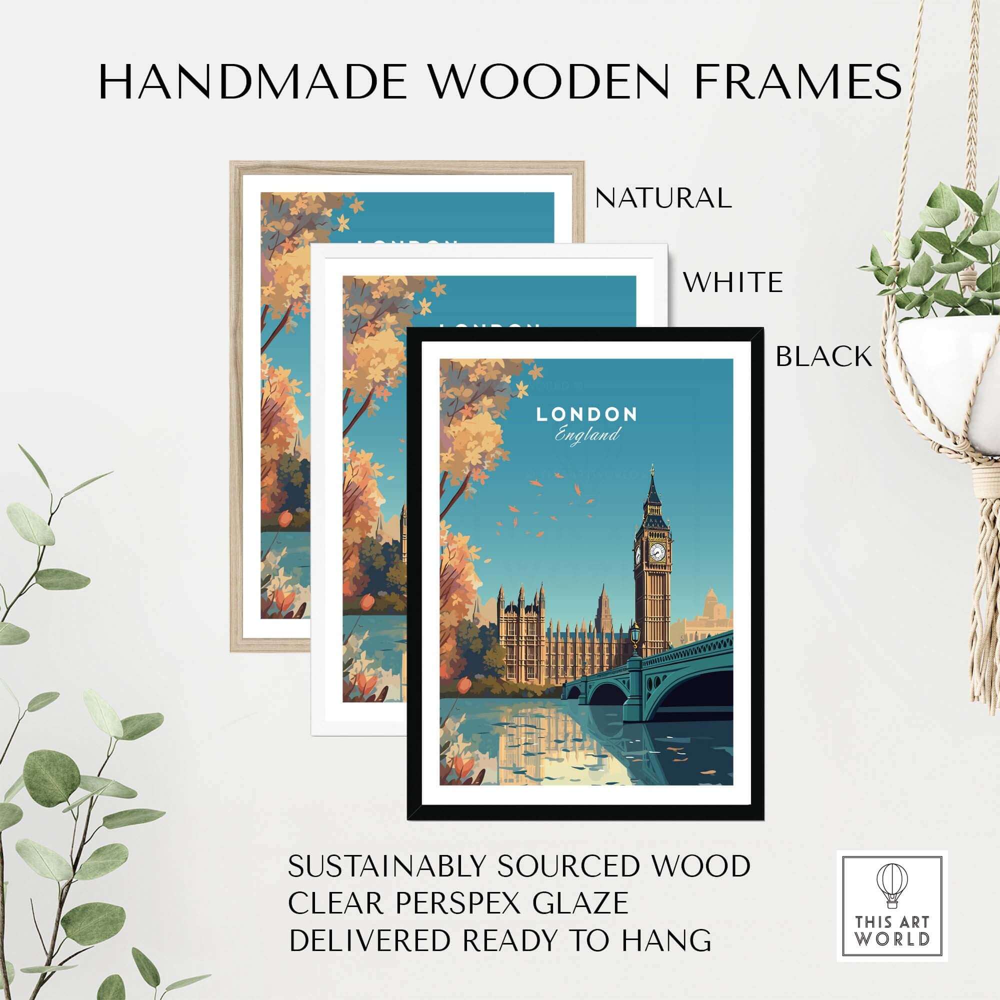 Handmade wooden frames in natural, white, and black for London Wall Art Print, made from sustainably sourced wood.