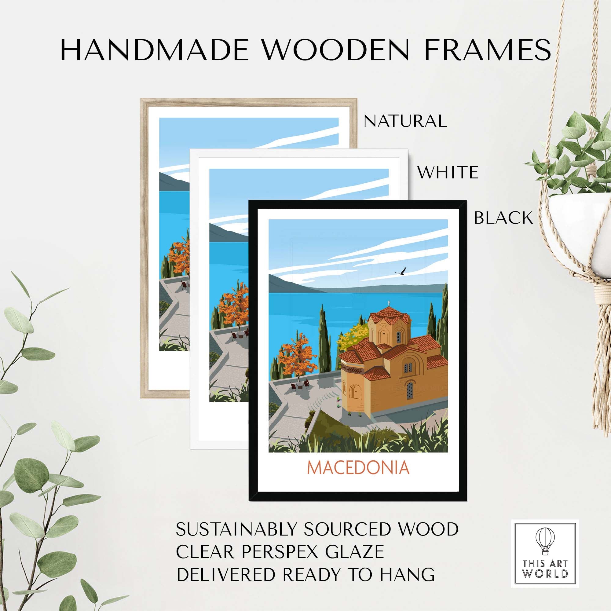 Macedonia Wall Art Print in handmade frames: natural, white, and black, showcasing vibrant landscape and architecture.