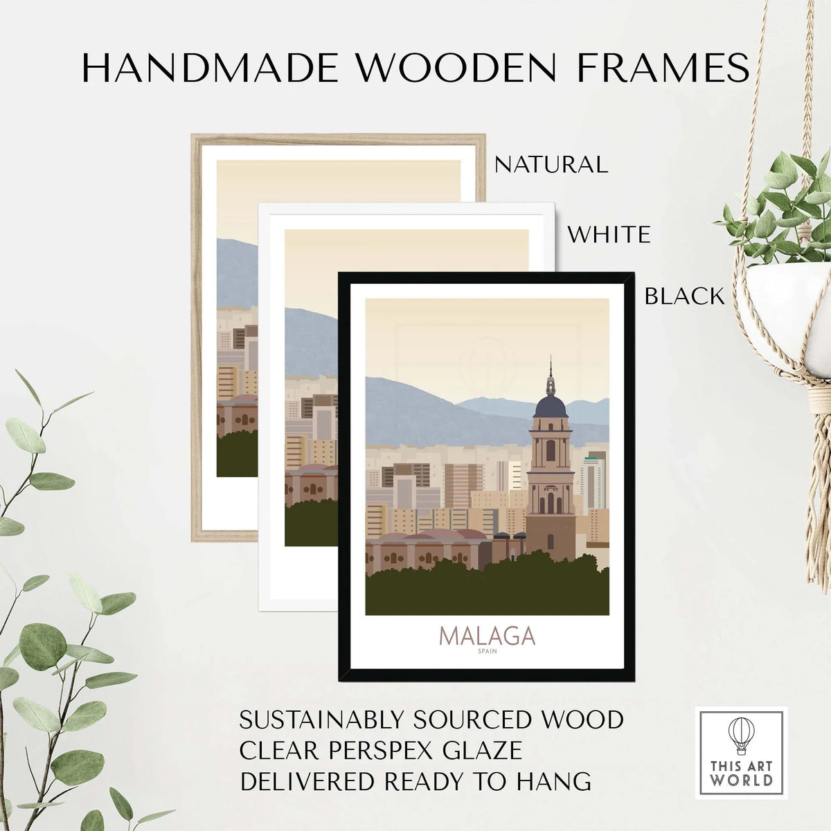 Handmade wooden frames in natural, white, and black for Malaga Wall Art Print, sustainably sourced and ready to hang.
