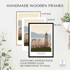 Handmade wooden frames in natural, white, and black for Malaga Wall Art Print, sustainably sourced and ready to hang.