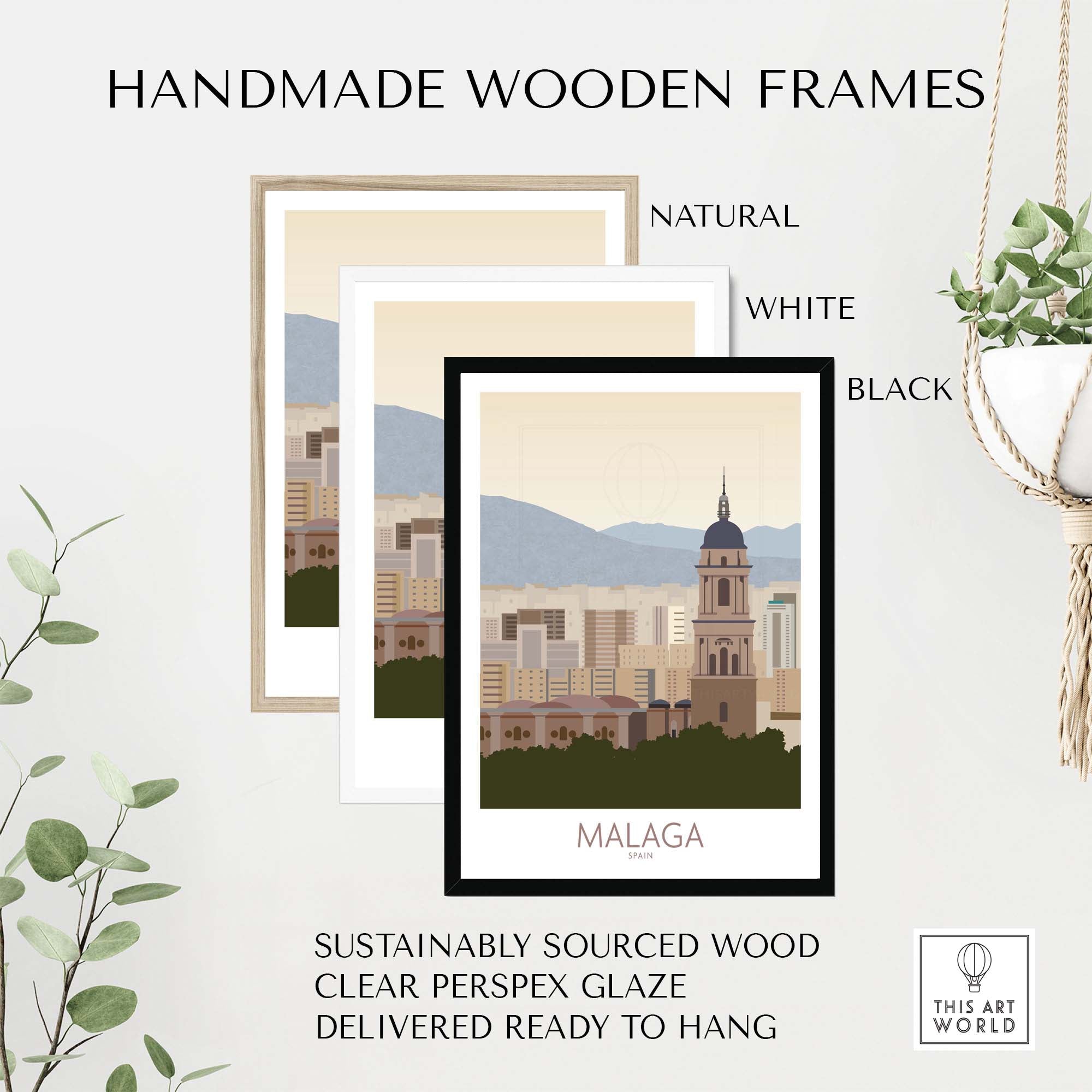Handmade wooden frames in natural, white, and black for Malaga Wall Art Print, sustainably sourced and ready to hang.