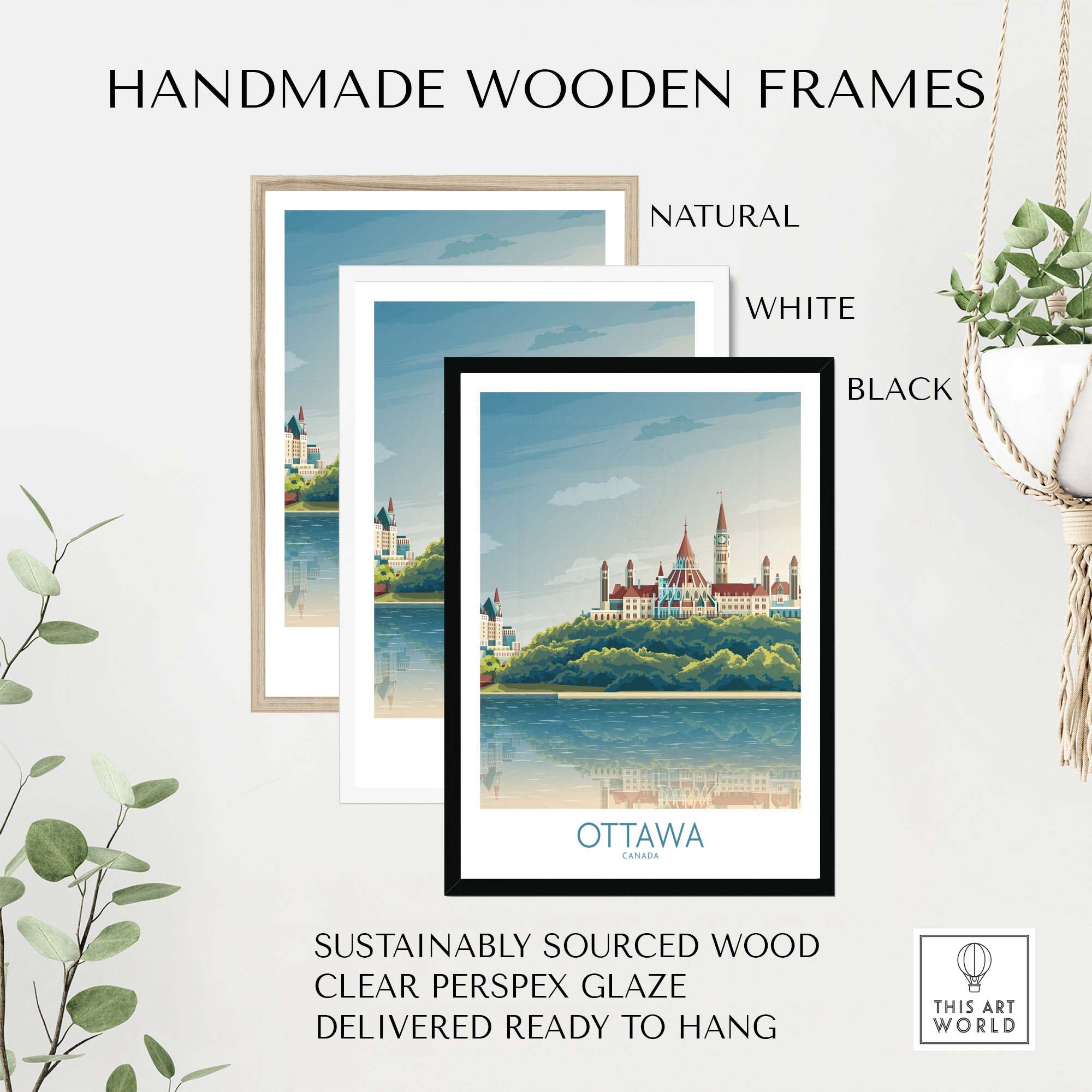 Ottawa wall art print with handmade wooden frames in natural, white, and black colors, ready to hang decor.