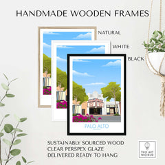 Handmade wooden frames in natural, white, and black styles, showcasing Palo Alto wall art ready to hang.