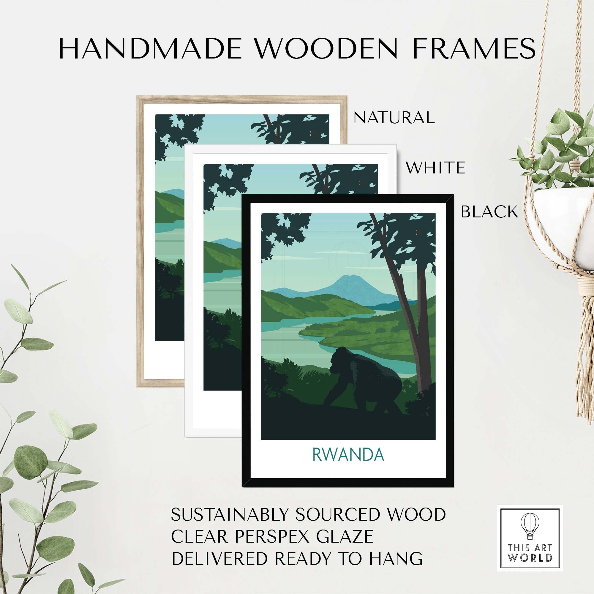Handmade wooden frames for Rwanda Mountain Gorilla wall art in natural, white, and black colors, sustainably sourced.
