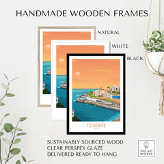 Three handmade wooden frames in natural, white, and black, featuring a Tenerife wall art print ready to hang.