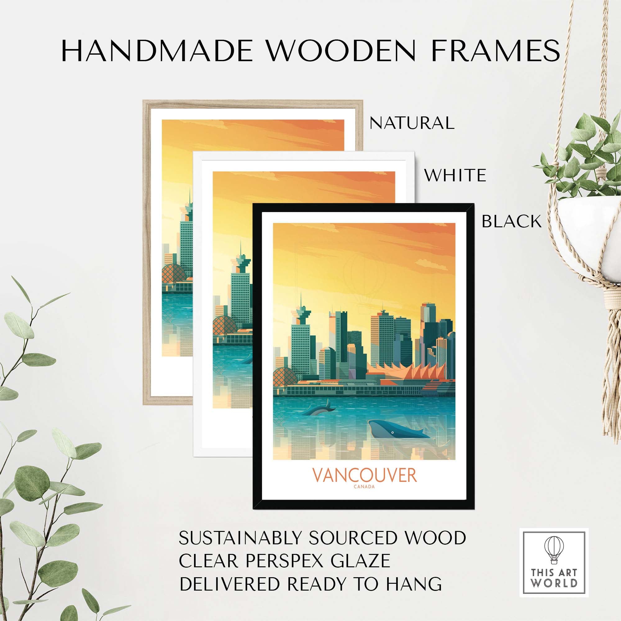 Handmade wooden frames in natural, white, and black for Vancouver wall art print, sustainably sourced and ready to hang.