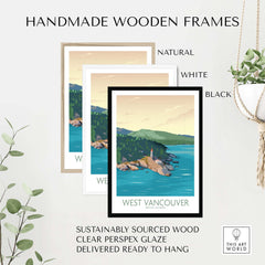 Handmade wooden frames for West Vancouver wall art print in natural, white, and black finishes; sustainably sourced wood.