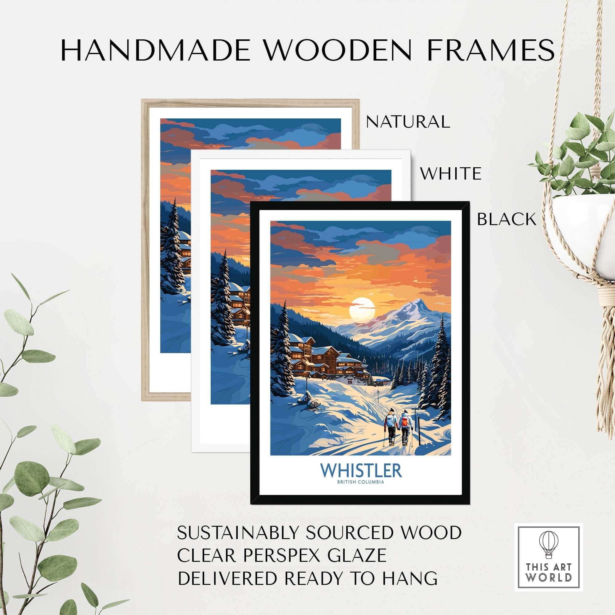 Handmade wooden frames in natural, white, and black for Whistler Print, ready to hang and sustainably sourced.
