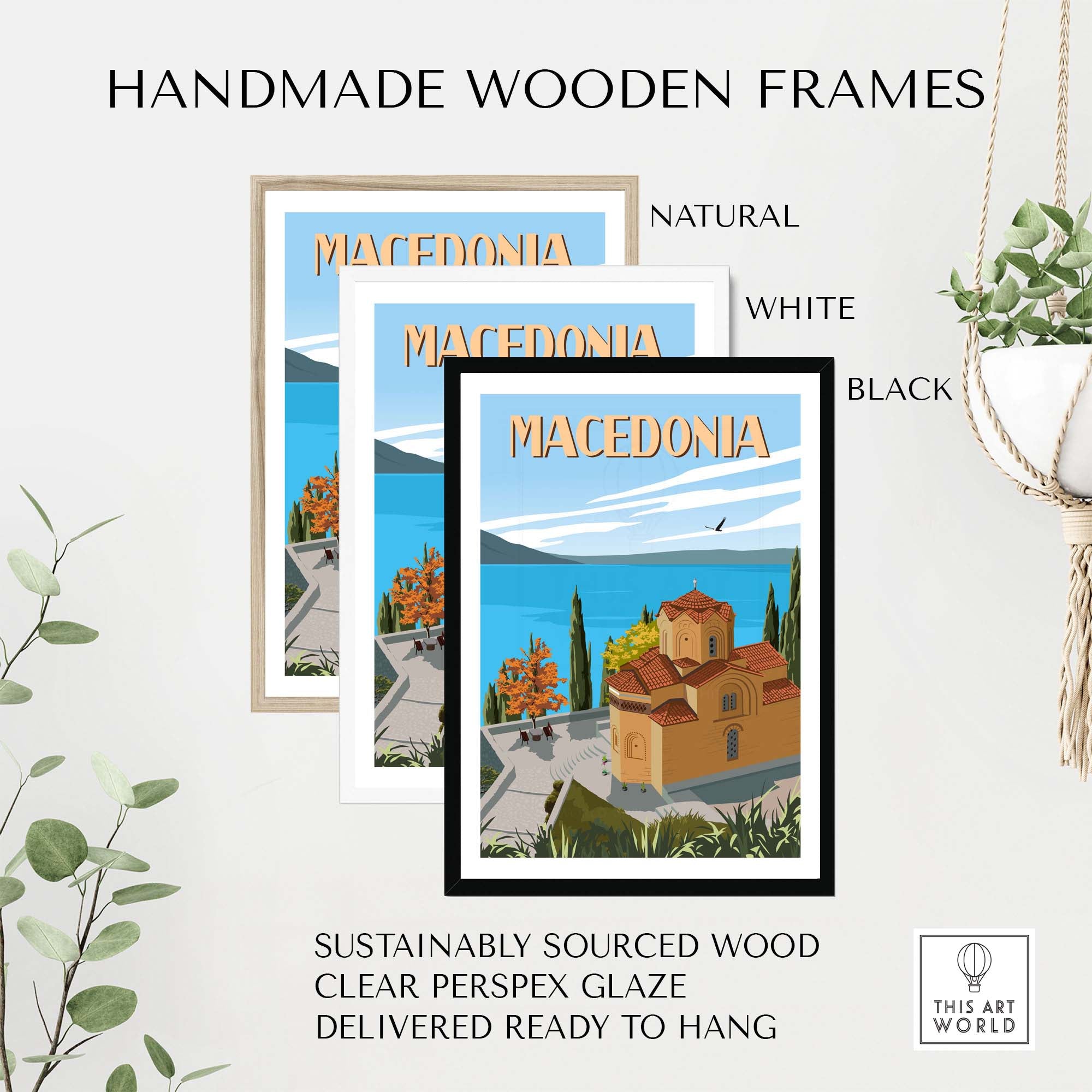 Handmade wooden frames for Macedonia travel poster print in natural, white, and black finishes.